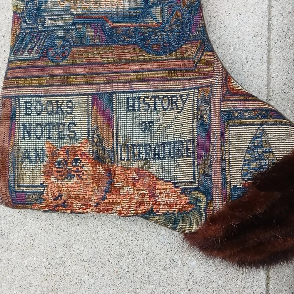 Hand Made mink/Tapestry Christmas Stocking with Mink Fur Trim